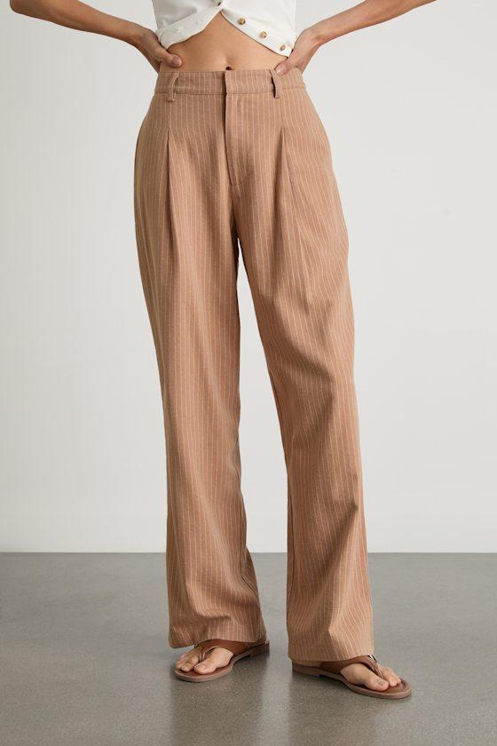 Siyana Tan Pinstriped Linen Straight Leg Trouser Pants Product Image