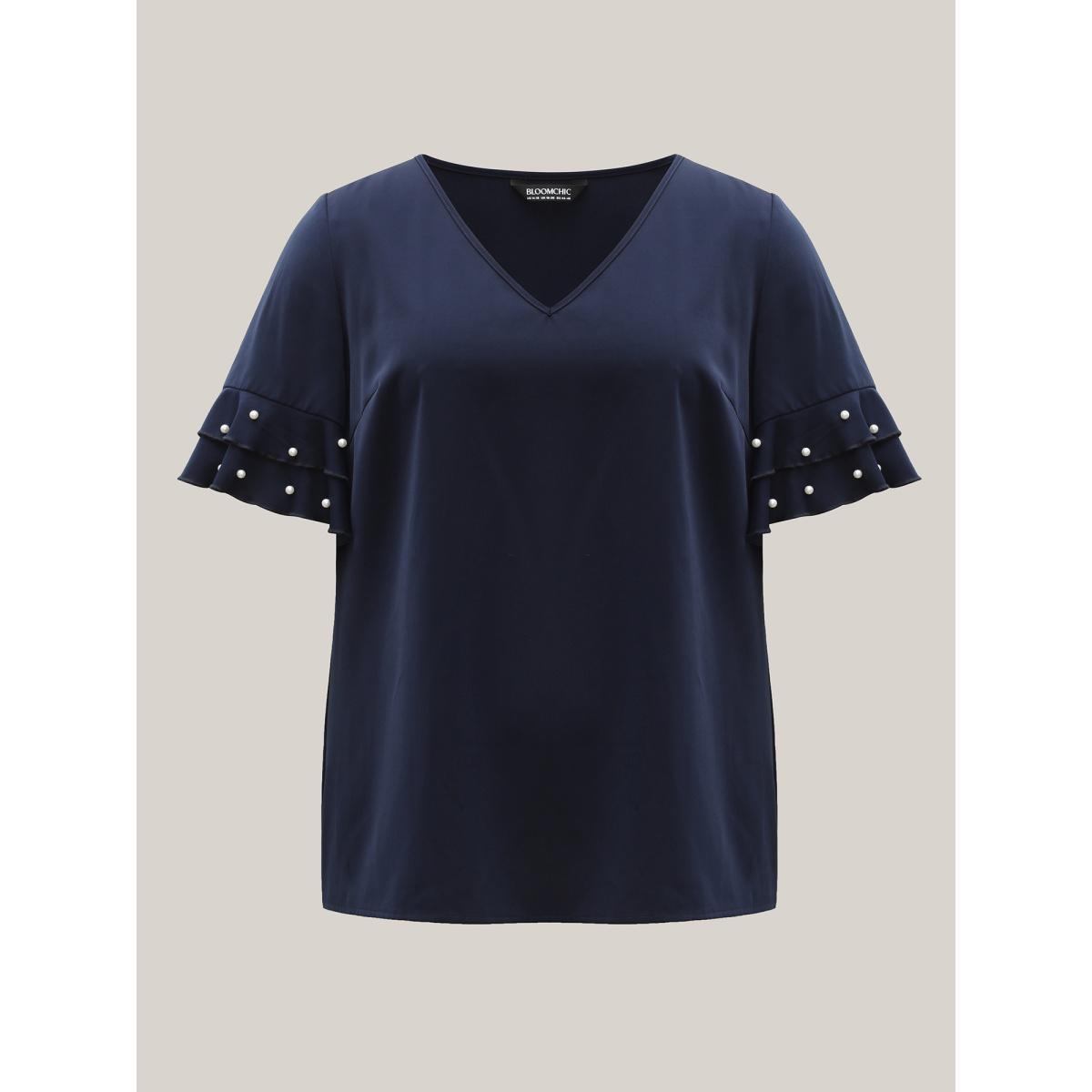 Plus Size Indigo Beaded Layered Sleeve Plain Blouse Women Short sleeve V-neck Everyday-Elegant Blouses BloomChic 28/5X Product Image