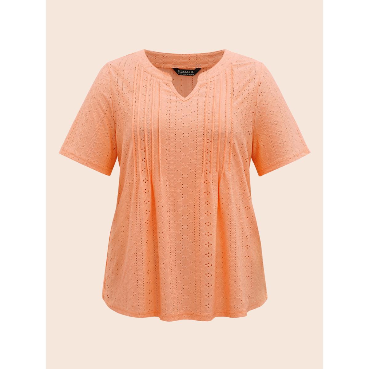 Plus Size Notched Broderie Anglaise Pleated T-shirt Lightorange Women Casual Texture Flat collar with V-notch Everyday T-shirts BloomChic 10/M Product Image