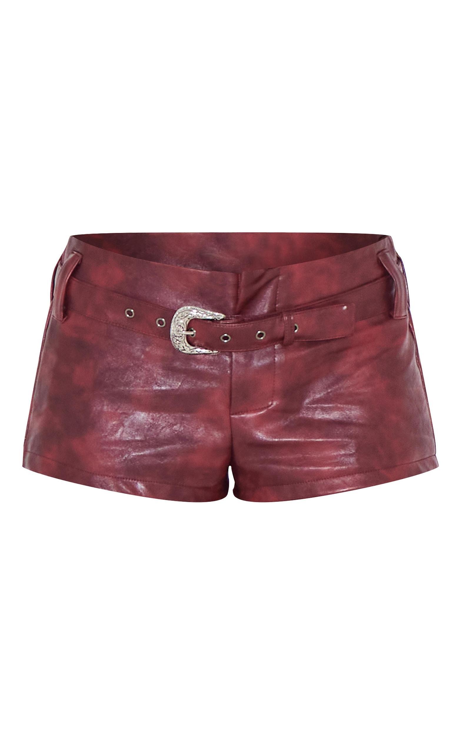 Burgundy Washed Faux Leather Western Belt Hot Pants Product Image