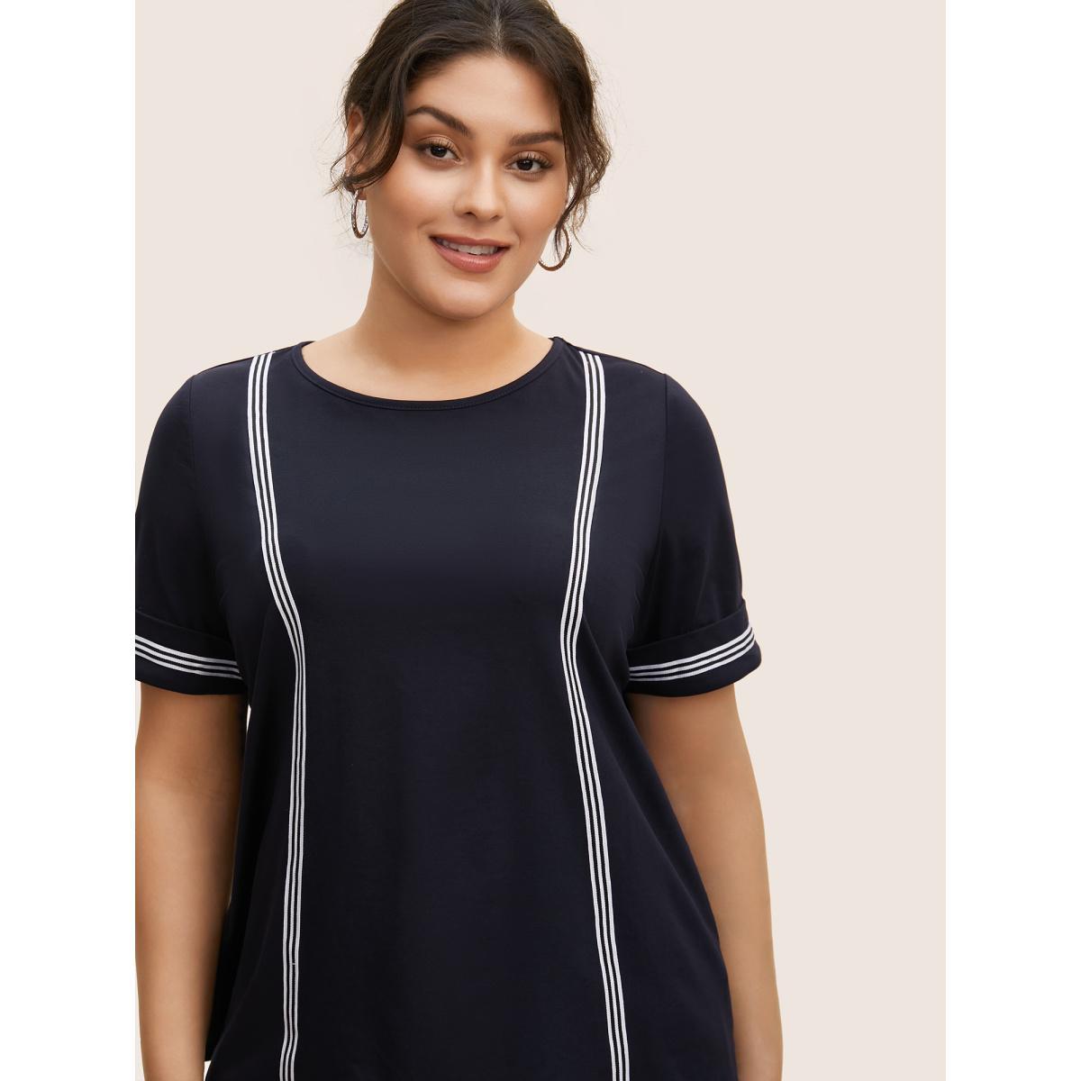 Plus Size Round Neck Contrast Webbing Cuffed Sleeve T-shirt Midnight Women Casual Contrast Round Neck Everyday T-shirts BloomChic 14-16/1X Product Image
