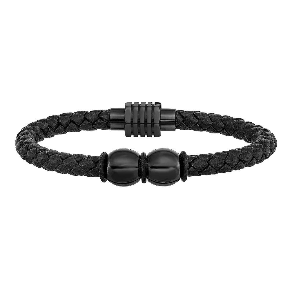 Men's Black Stainless Steel Polished Rubber and Leather Bracelet, Size: 8.25" Product Image
