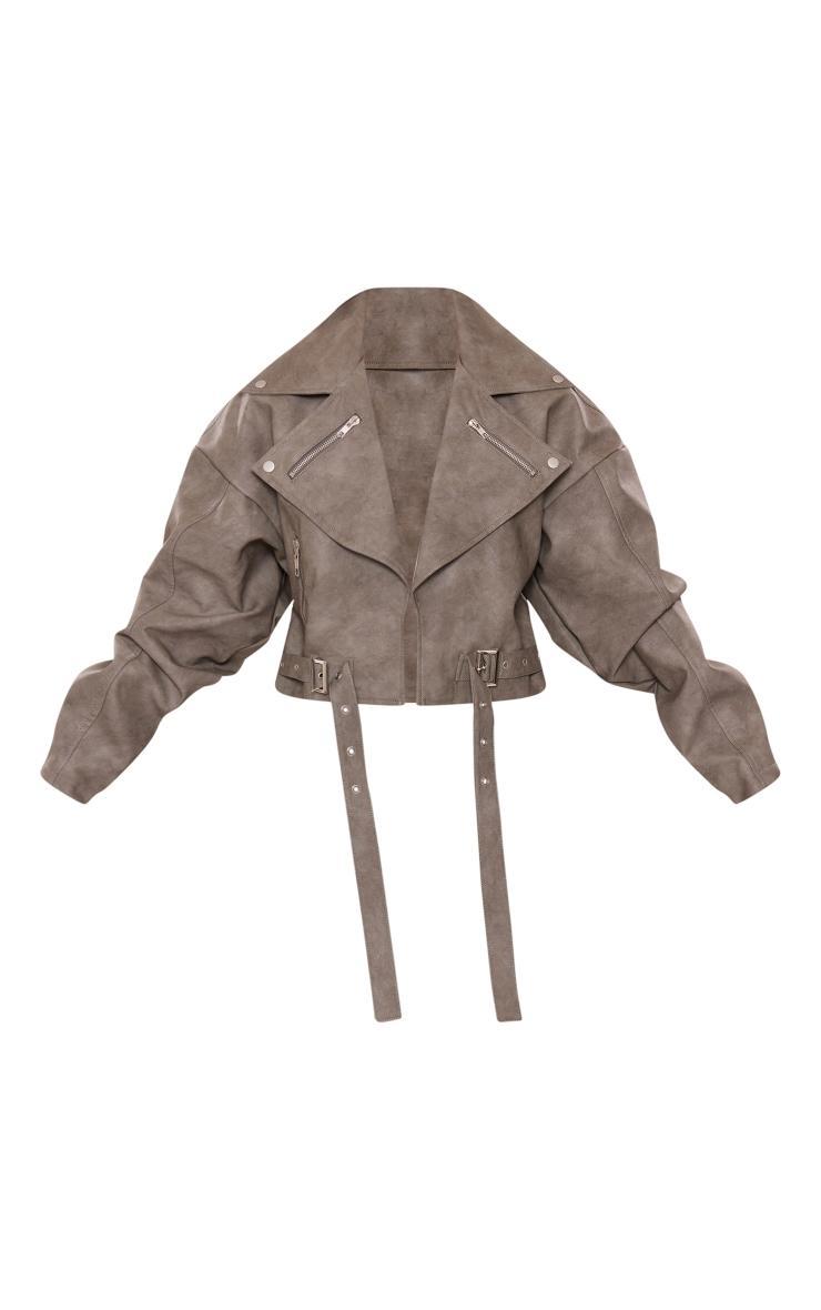  Charcoal Faux Leather Oversized Buckle Detail Biker Jacket Product Image