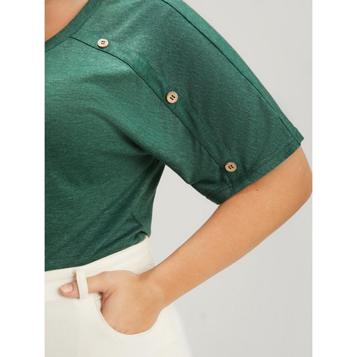 Plus Size Solid Round Neck Button Raglan Sleeve Modal T-shirt Green Women Casual Button Plain Round Neck Dailywear T-shirts BloomChic 26/4X Product Image