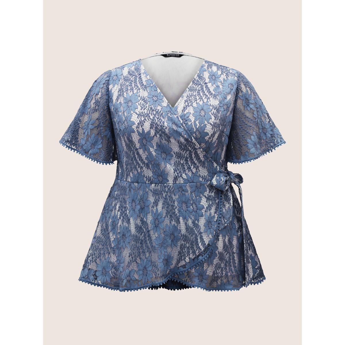 Plus Size DarkBlue Floral Crochet Lace Mesh Pompom Trim Blouse Women Elegant Short sleeve Overlap Collar Everyday Blouses BloomChic 28/5X Product Image