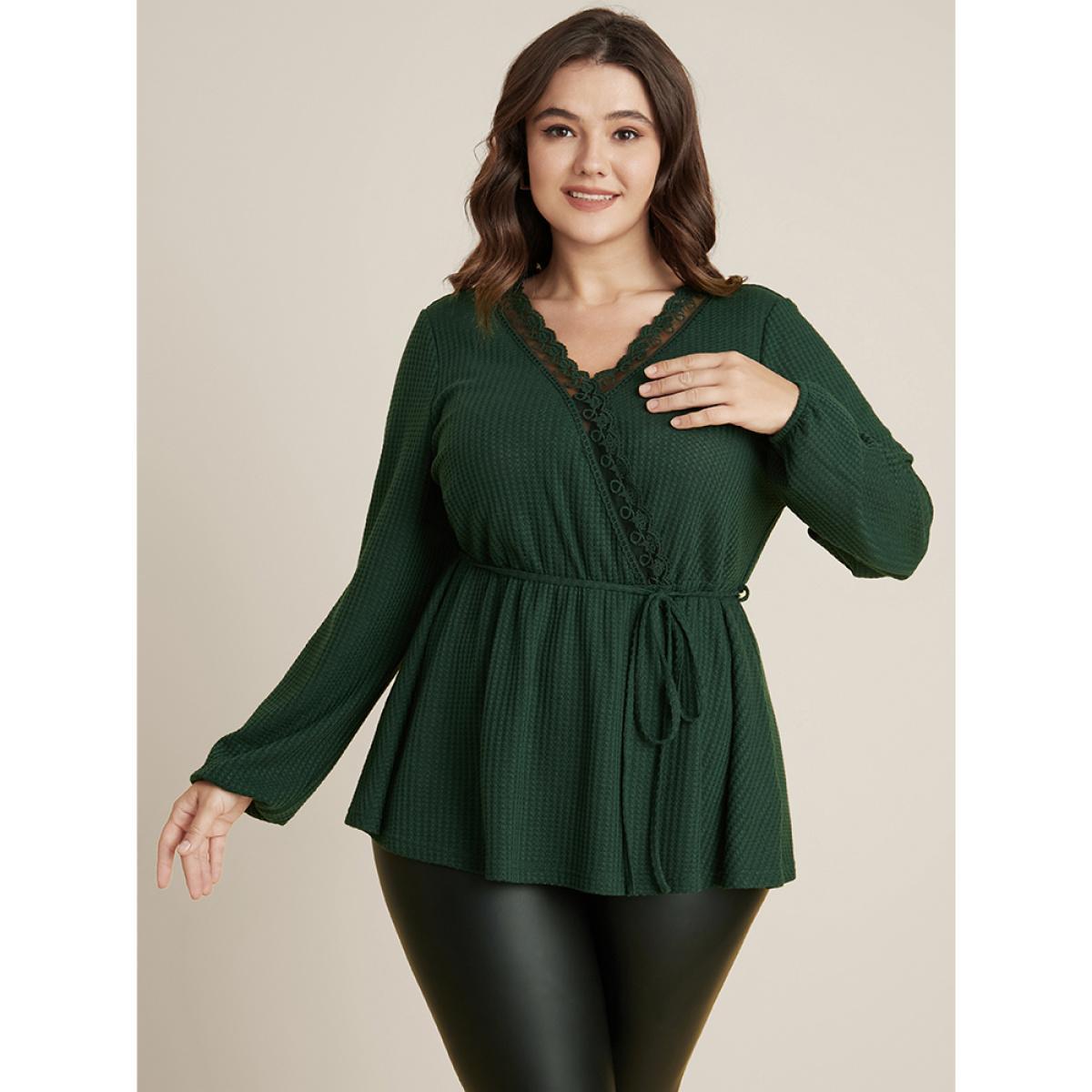 Plus Size DarkGreen Solid Ties Up Wrap Contrast Lace Waffle Knit Blouse Women Elegant Long Sleeve V-neck Dailywear Blouses BloomChic 10/M Product Image