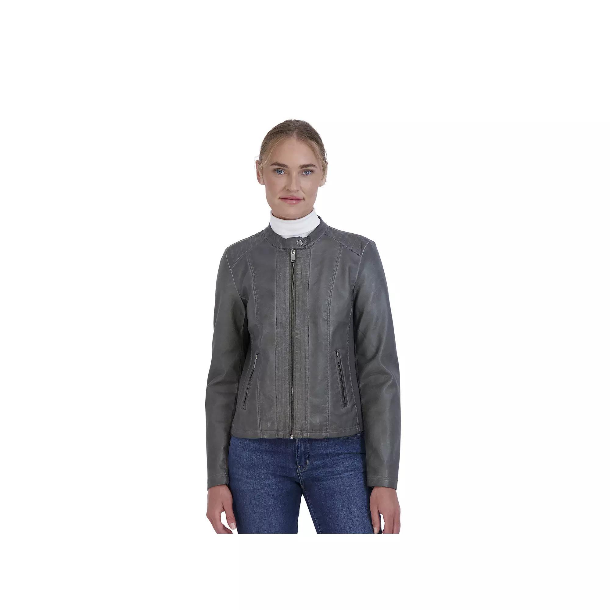 Women's Sebby Collection Faux-Leather Racing Jacket, Size: Small, Grey Product Image