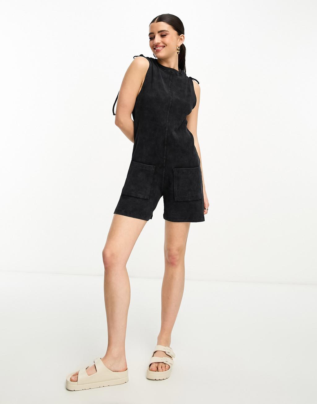 ASOS DESIGN ribbed romper with tie shoulder Product Image