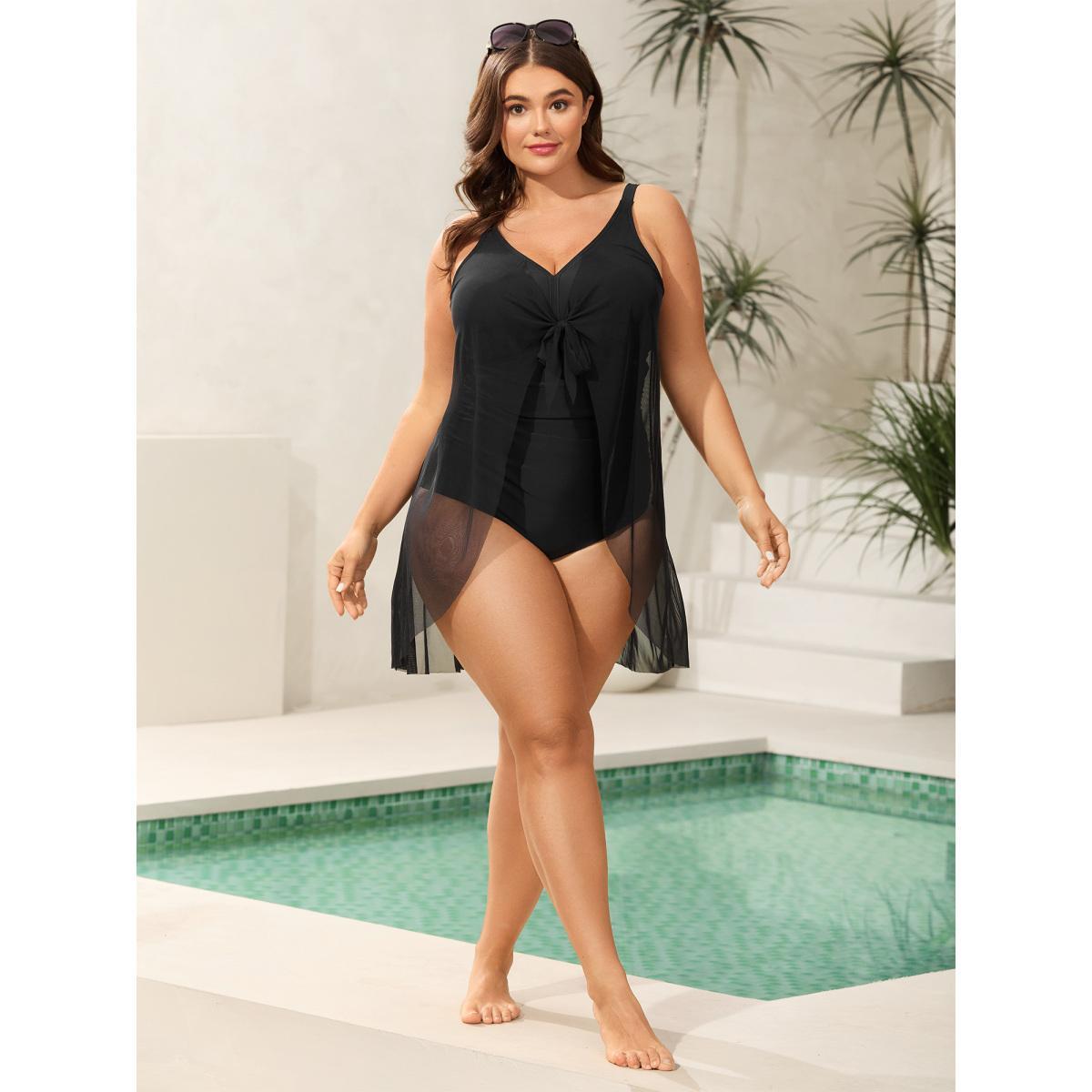 Plus Size Knotted Front Extra Coverage One-Piece Swimsuit Women's Swimwear Black Beach Tie knot Curve Bathing Suits High stretch One Pieces BloomChic 12/L Product Image