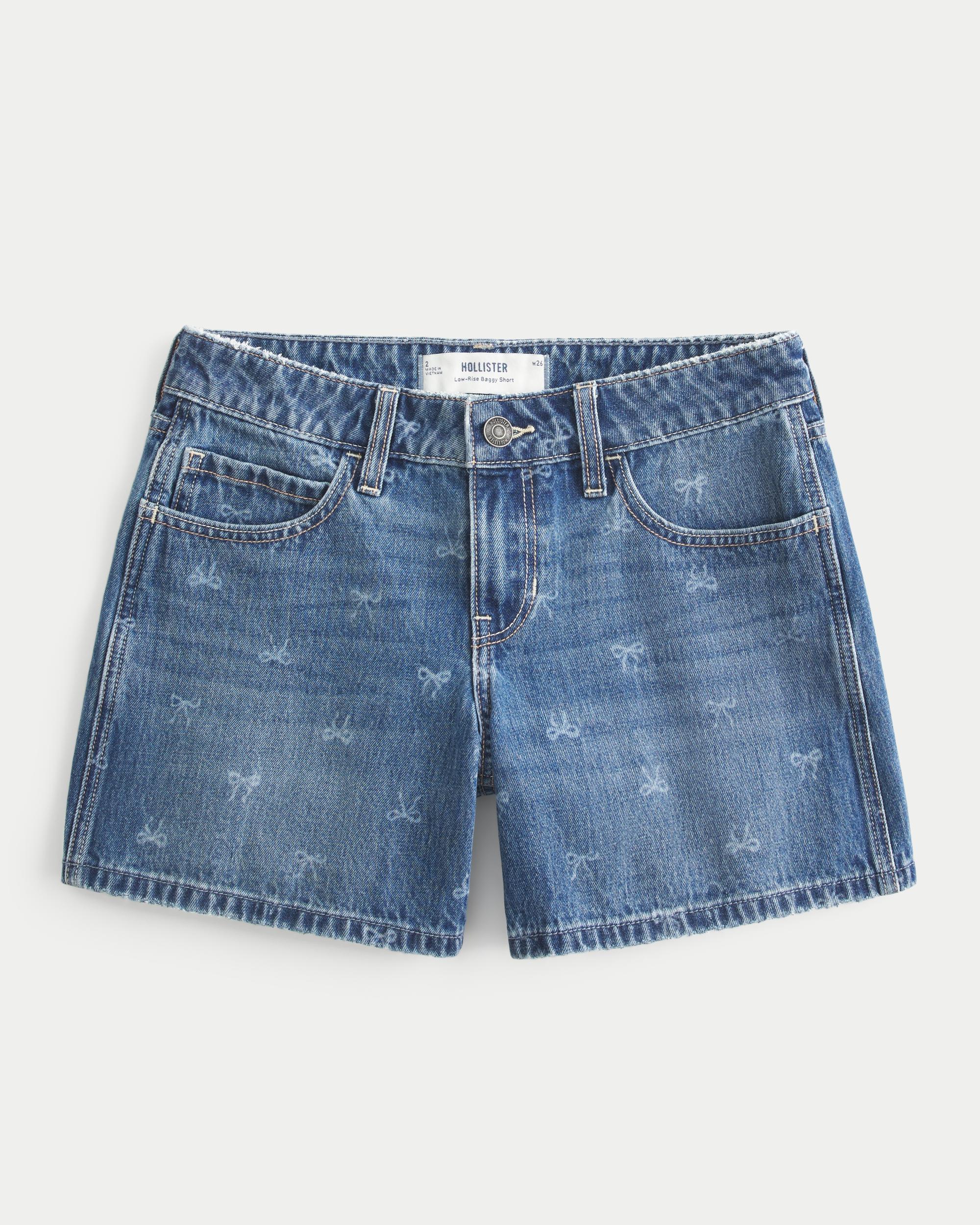 Low-Rise Bow Pattern Baggy Denim Shorts Product Image