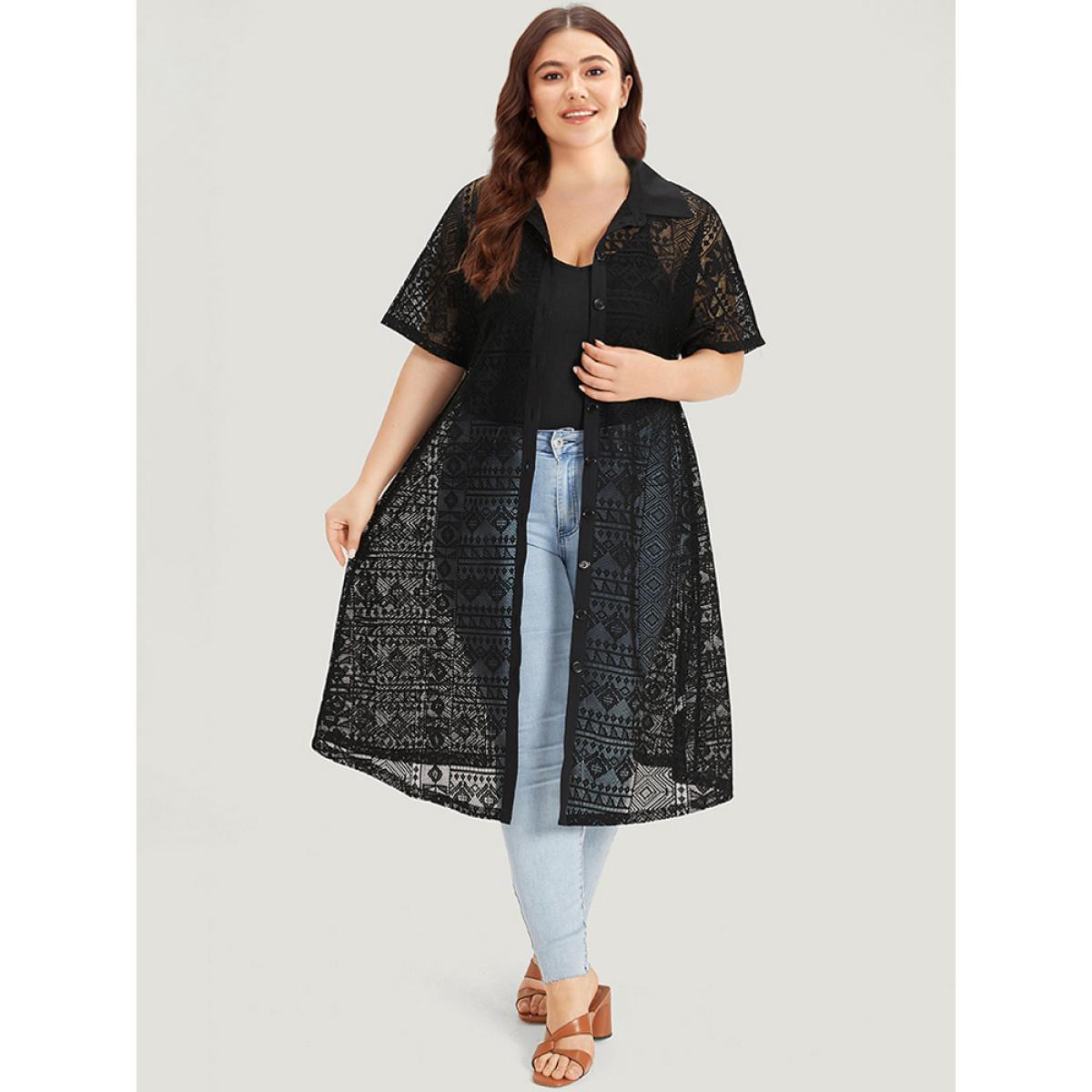 Plus Size Plain Shirt Collar Open Front Button Through Eyelet Lace Kimono Women Black Vacation Gathered Dailywear Kimonos BloomChic 26/4X Product Image