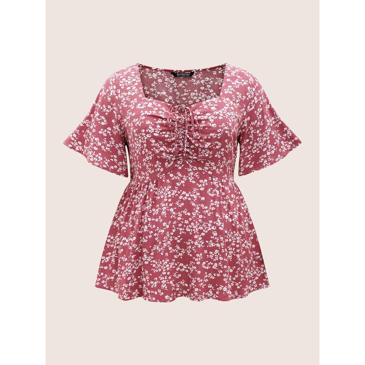 Plus Size RedViolet Ditsy Floral Heart Neckline Drawstring Tie Knot Blouse Women Elegant Short sleeve Heart neckline Everyday Blouses BloomChic 12/L Product Image