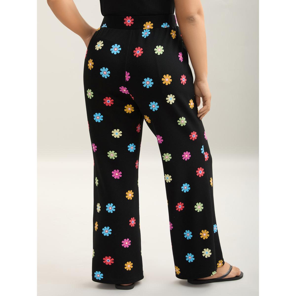 Plus Size Multi-Color Floral Print Flared Pants Women BlackFlower Elegant Bodycon Mid Rise Everyday Pants BloomChic 12/L Product Image