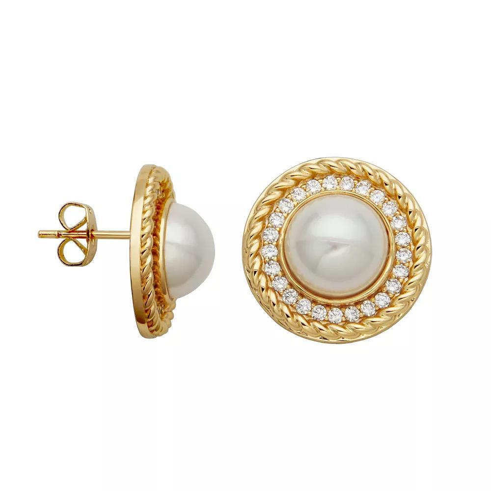Sarafina 14k Gold Plated Simulated Pearl & Cubic Zirconia Accent Halo Stud Earrings, Women's, Gold Tone White Product Image