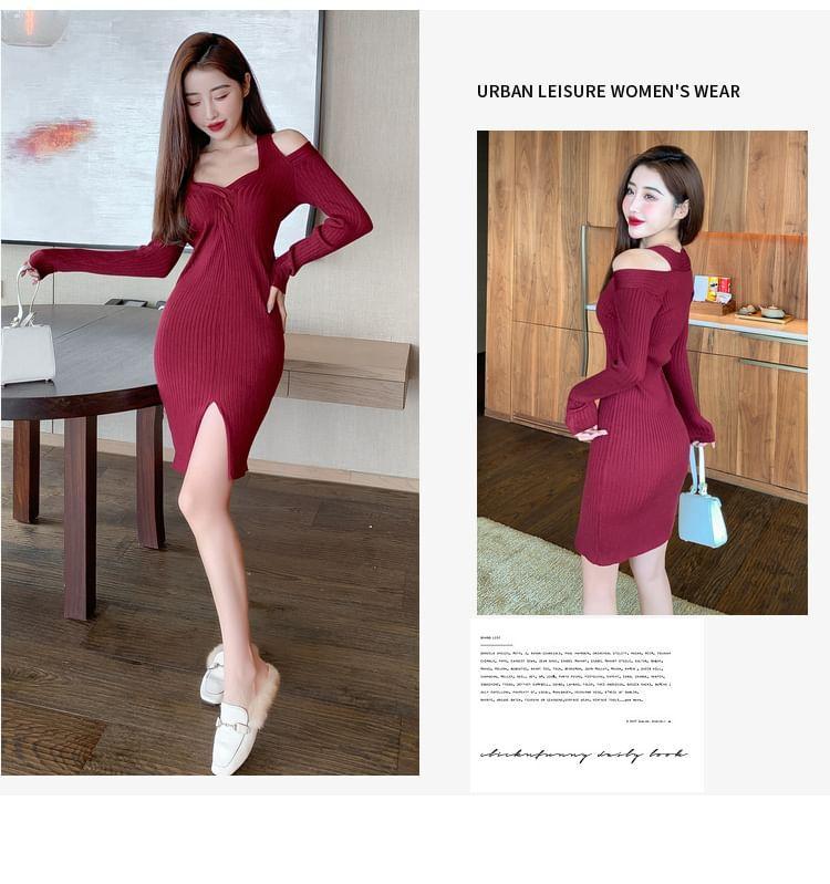 Long-Sleeve Cold Shoulder Halter Neck Knit Mini Dress Product Image