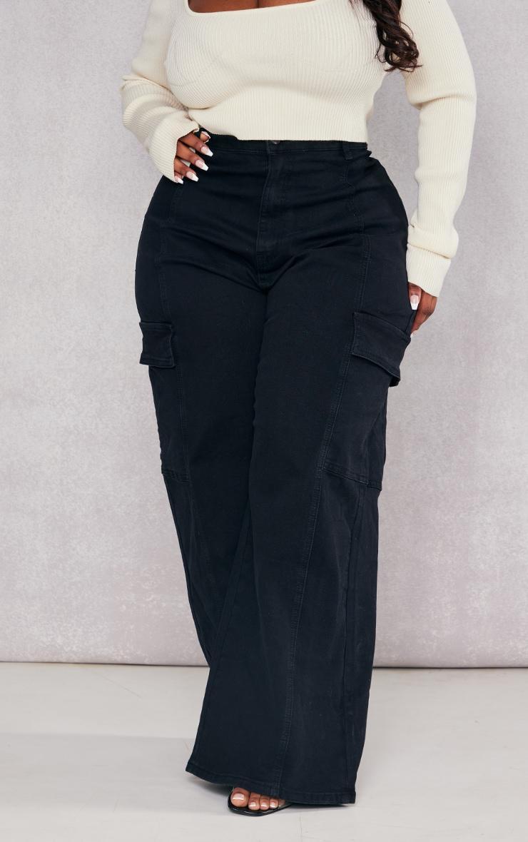  Plus Black Cargo Wide Leg Jeans Product Image