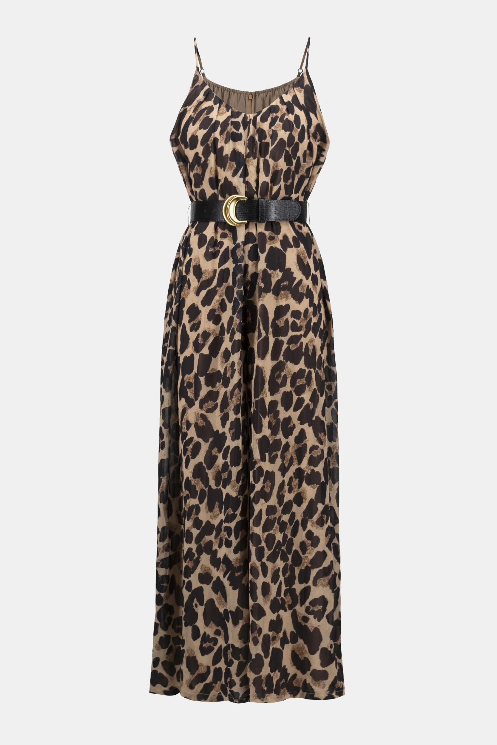Chiffon Animal Print Wide Leg Jumpsuit- Beige/Black Product Image