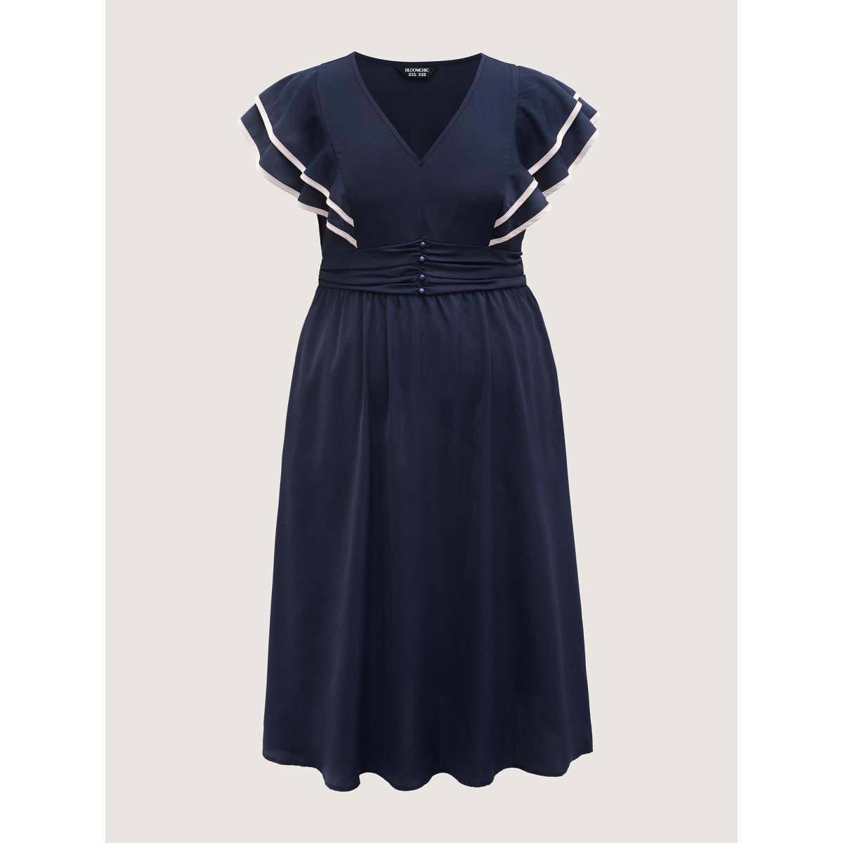 Plus Size Color Contrast Pleated Cinched Waist Midi Dress DarkBlue Women V-neck Short sleeve Curvy BloomChic 28/5X Product Image