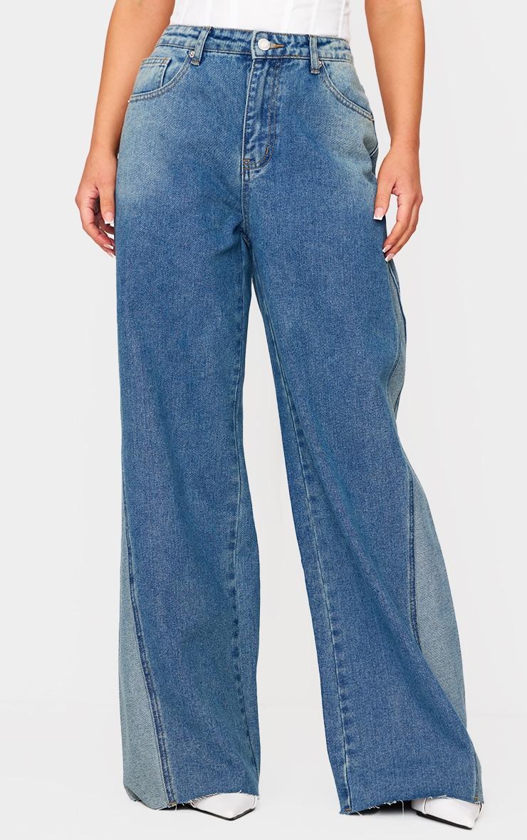 Petite Mid Blue Wash Denim Contrast Panel Wide Leg Jeans Product Image