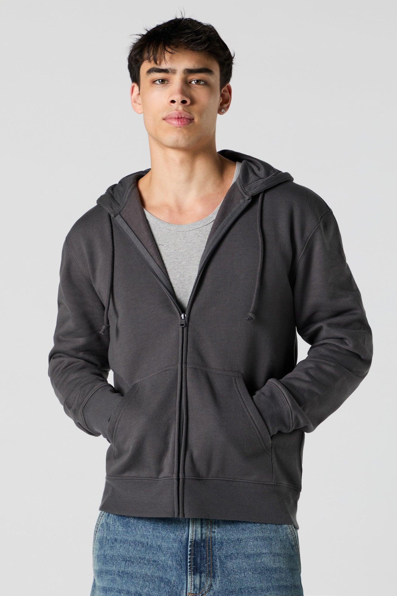 Solid Fleece Zip-Up Hoodie Male Product Image