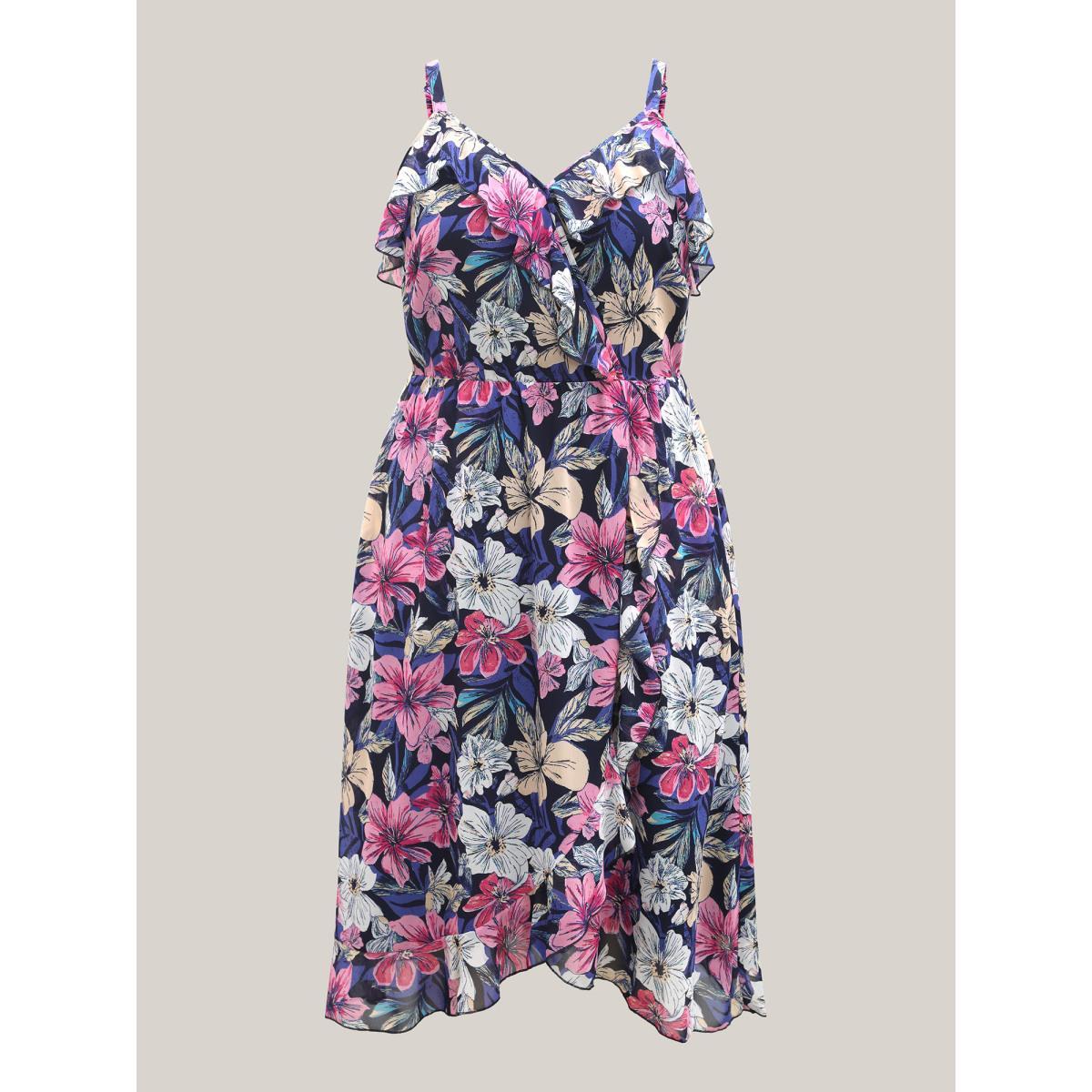 Plus Size Large Flower Print Overlap Hem Midi Dress Navy Women Non Sleeveless Curvy BloomChic 12/L Product Image