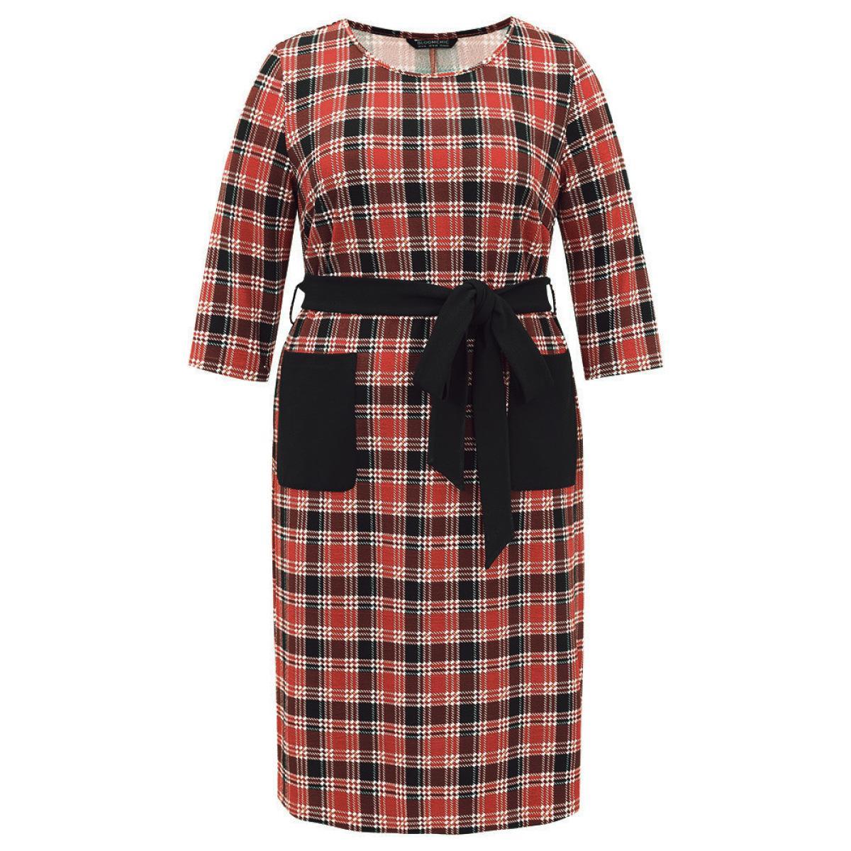 Plus Size Christmas Plaid Belted Patched Pocket Dress Crimson Women Office Belted Round Neck Elbow-length sleeve Curvy Midi Dress BloomChic 30/6X Product Image