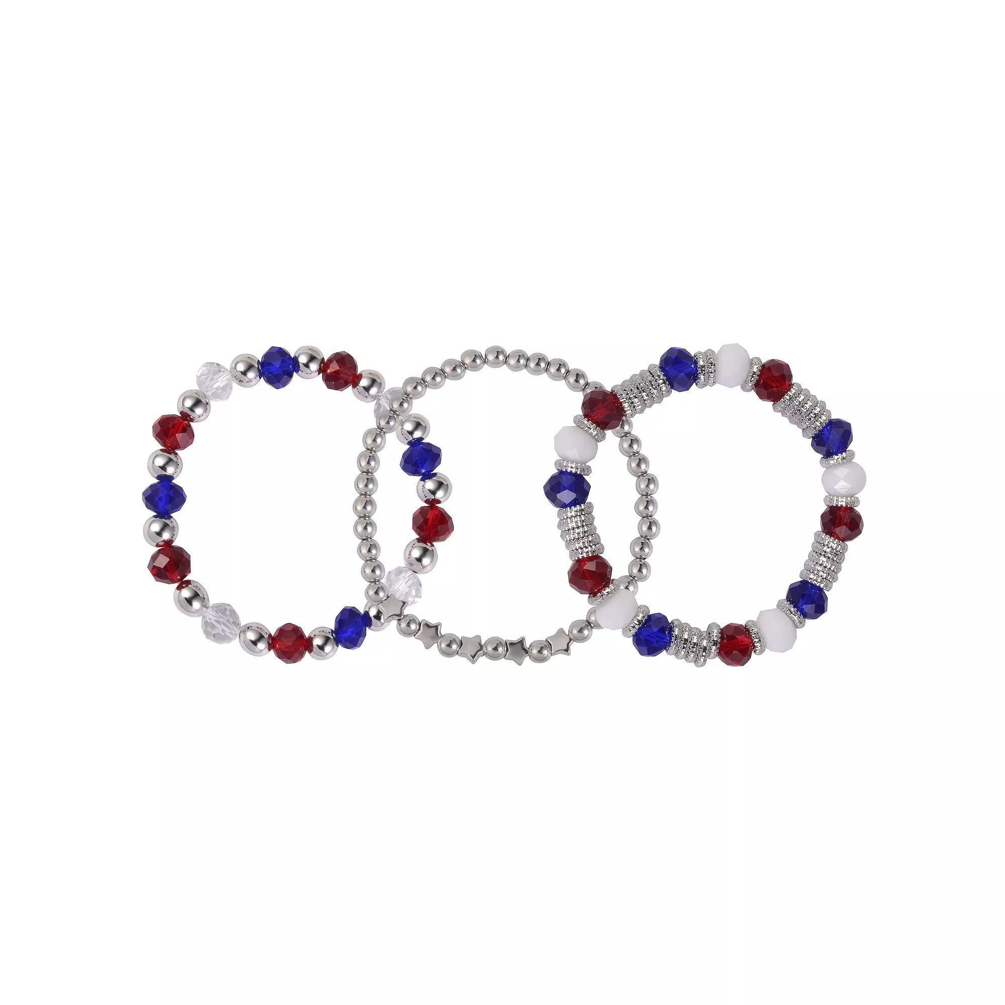 Celebrate Together™ Silver Tone Red, White and Blue Beaded Stretch Bracelets 3-Piece Set, Women's, Multi Product Image