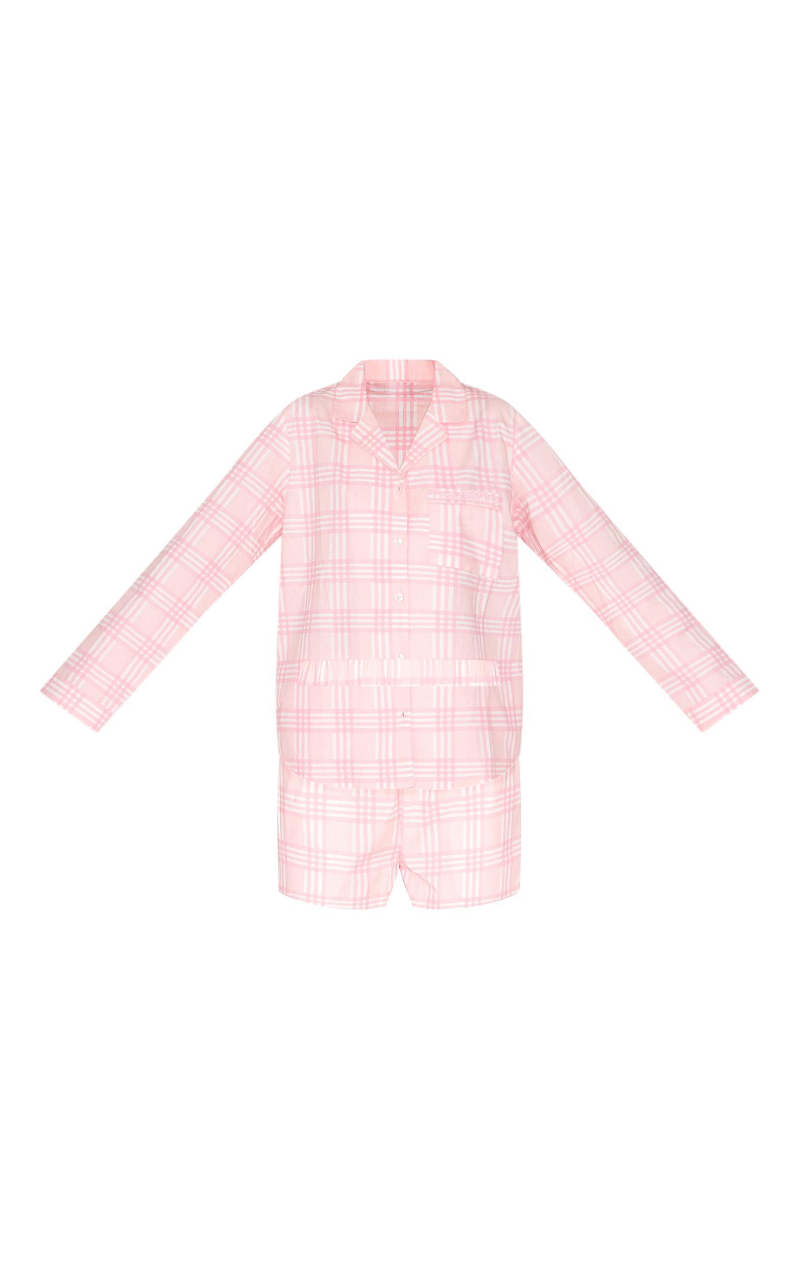 PRETTYLITTLETHING Embroidered Pink Check Short Pj Set Product Image
