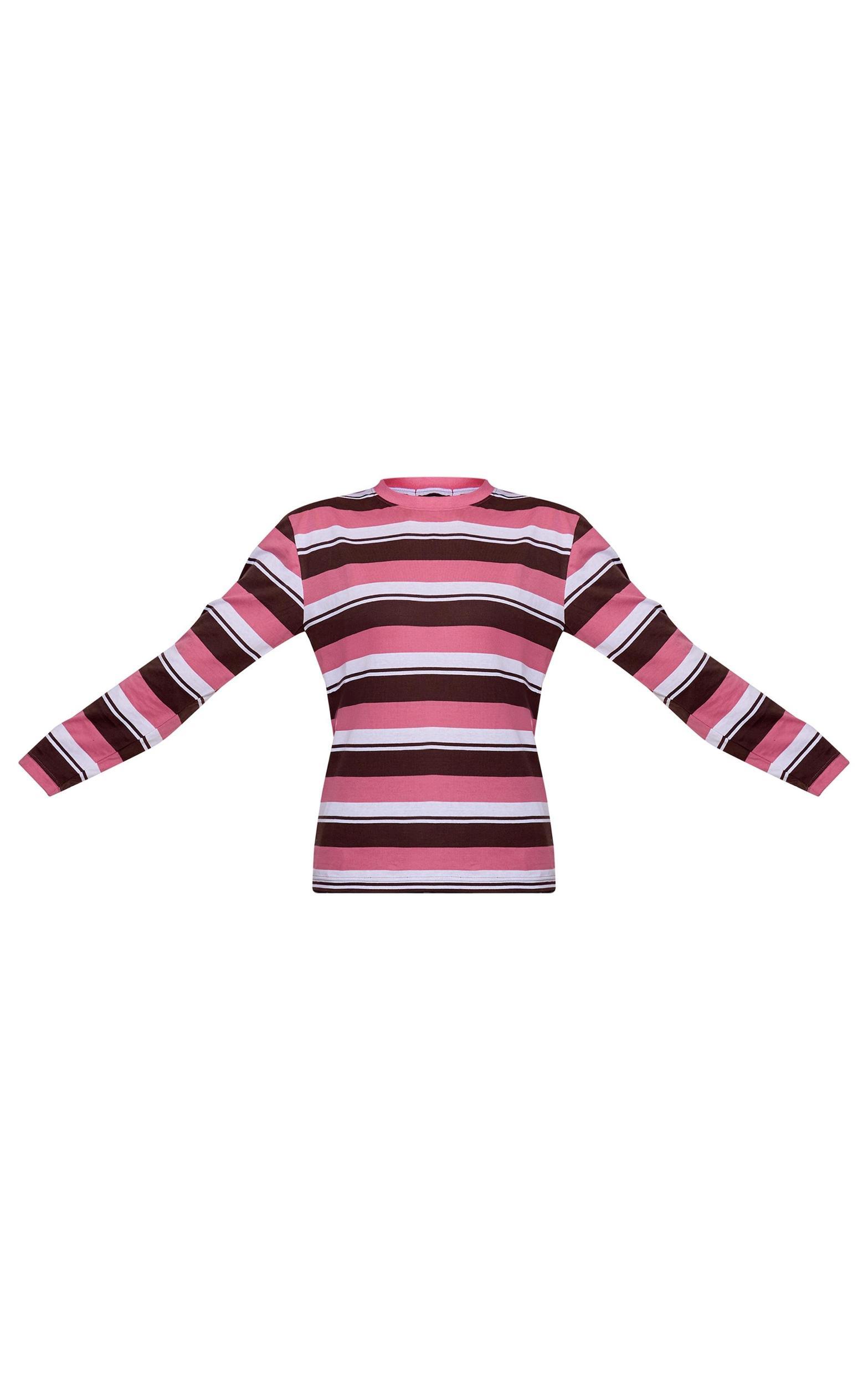 Pink Striped Contrast Collar Long Sleeve Top Product Image