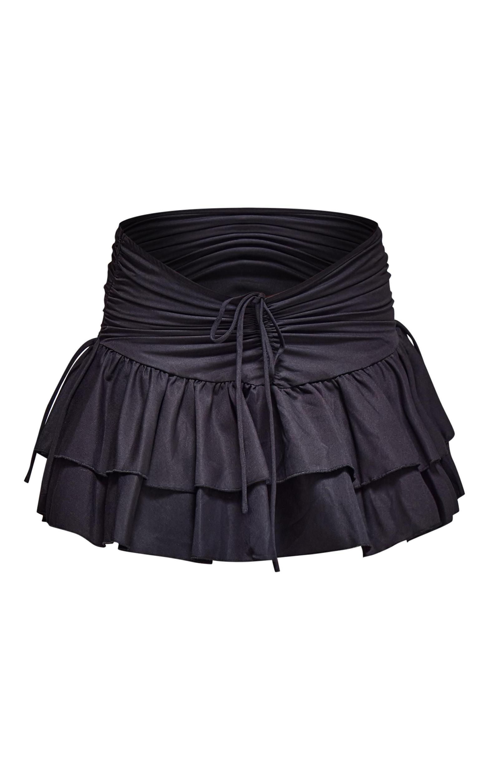Black Ruched Ruffle Detail Mini Skirt Product Image