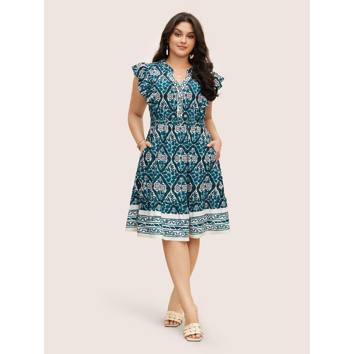 Plus Size Boho Print Ruffles Shirred Pocket Elastic Waist Dress Teal Women Resort Non Notched collar Cap Sleeve Curvy Midi Dress BloomChic 22-24/3X Product Image