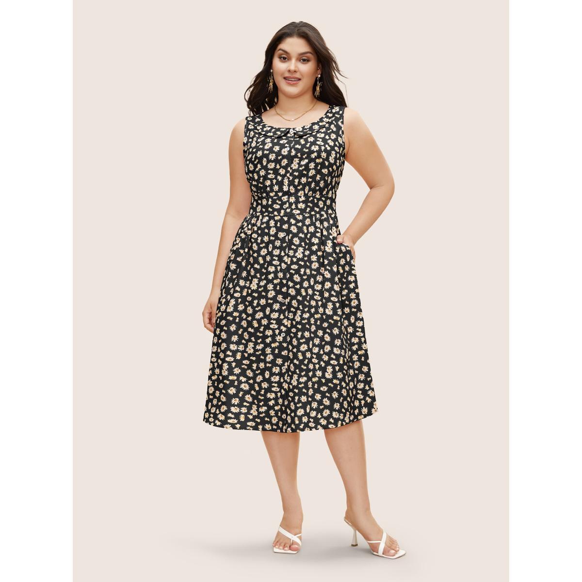 Plus Size Collared Daisy Midi Dress Black Women Elegant Gathered Lapel Collar Sleeveless Curvy BloomChic 22-24/3X Product Image