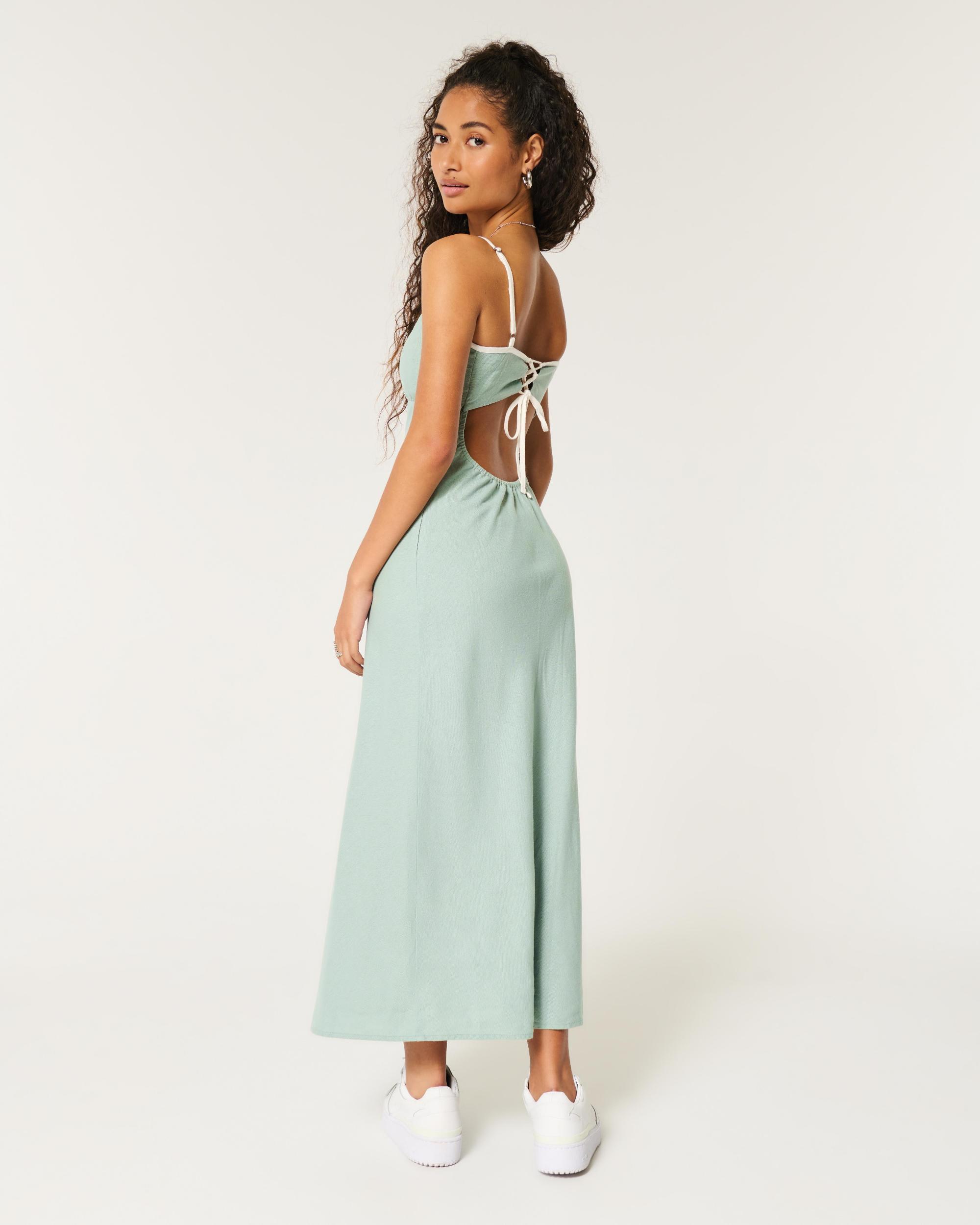 Linen-Blend Open Back Slip Midi Dress Product Image
