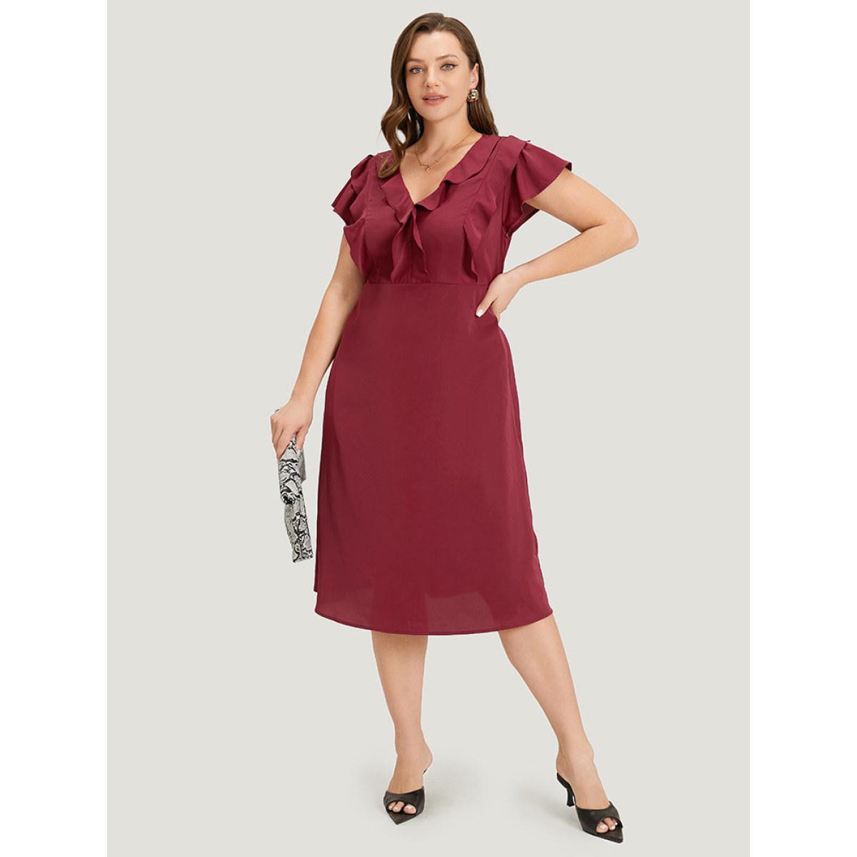 Plus Size Plain Ruffle Trim Pocket Cap Sleeve Midi Dress Scarlet Women Office Plain V-neck Sleeveless Curvy Midi Dress BloomChic 30/6X Product Image