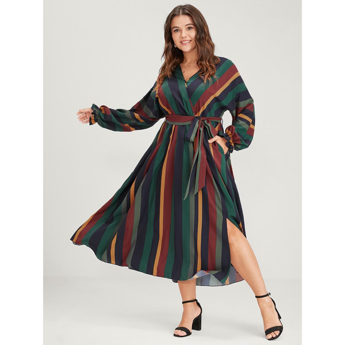 Plus Size Striped Pocket Dolman Sleeve Wrap Button Flutter Belted Split Dress Multicolor Women Vacation Cross straps V-neck Long Sleeve Curvy Long Dress BloomChic 30/6X Product Image