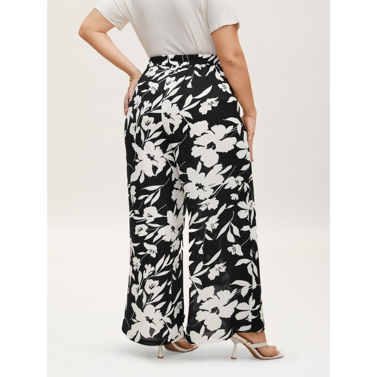 Plus Size Silhouette Floral Print Ties Side Seam Pocket Pants Women Black Elegant Wide Leg High Rise Everyday Pants BloomChic 28/5X Product Image