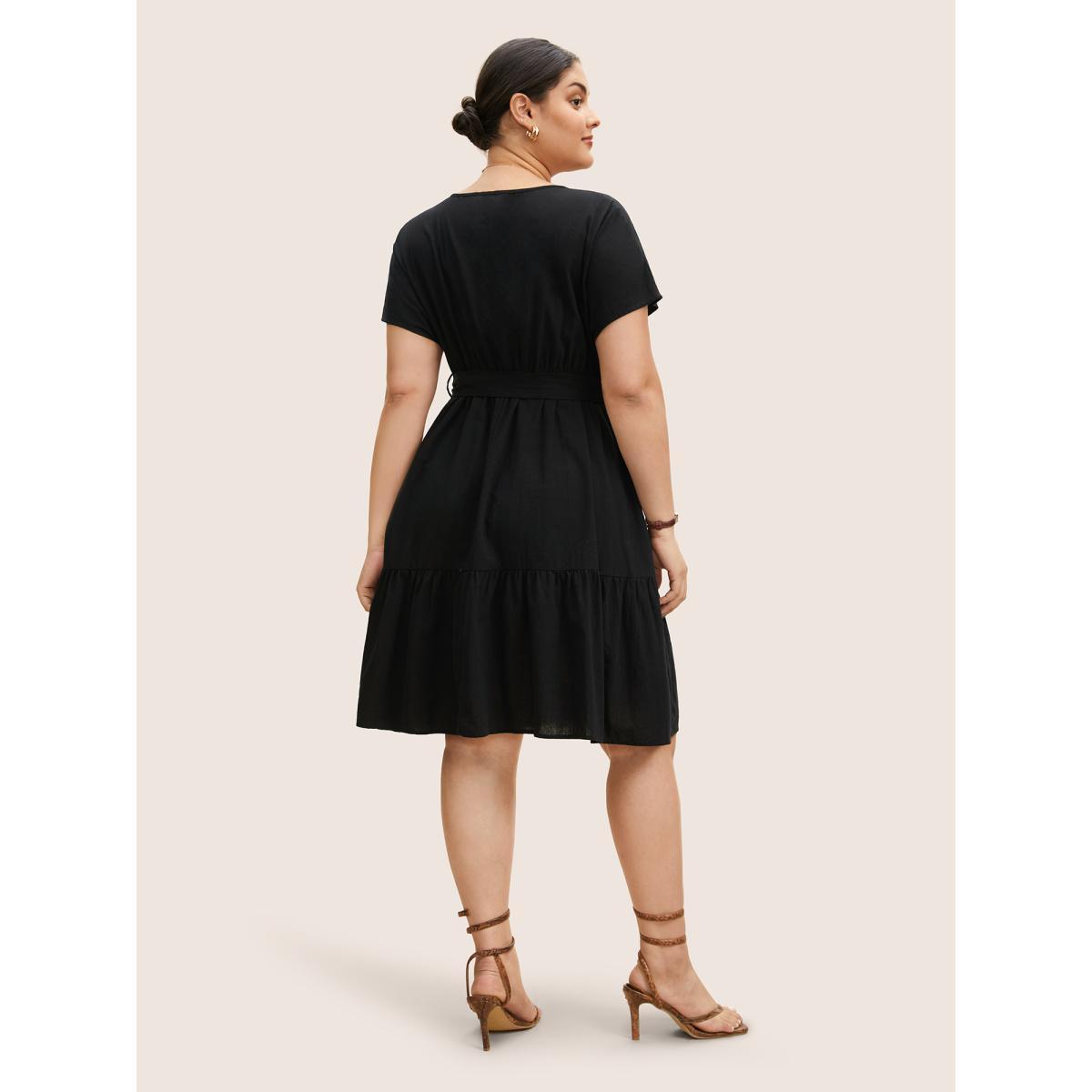 Plus Size Solid Patched Pocket Belted Batwing Sleeve Dress Black Women Work From Home Belted Notched collar Short sleeve Curvy BloomChic 22-24/3X Product Image