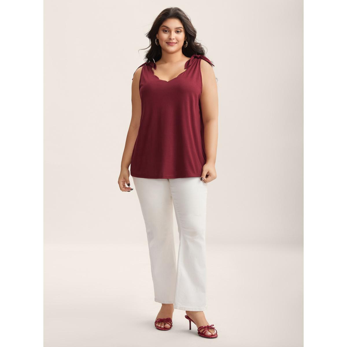 Plus Size Supersoft Stretchy Scalloped Neck Tank Top Women Burgundy Tie knot V-neck Everyday-Elegant Tank Tops Camis BloomChic 30/6X Product Image