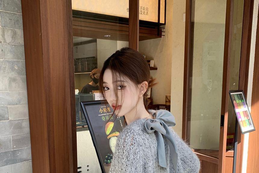 Tie-Neck Plain Glitter Sweater Product Image