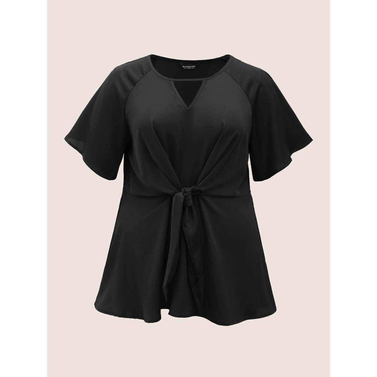 Plus Size Black Plain Keyhole Knotted Front Ruffle Sleeve Blouse Women Work From Home Short sleeve Round Neck Work Blouses BloomChic 10/M Product Image
