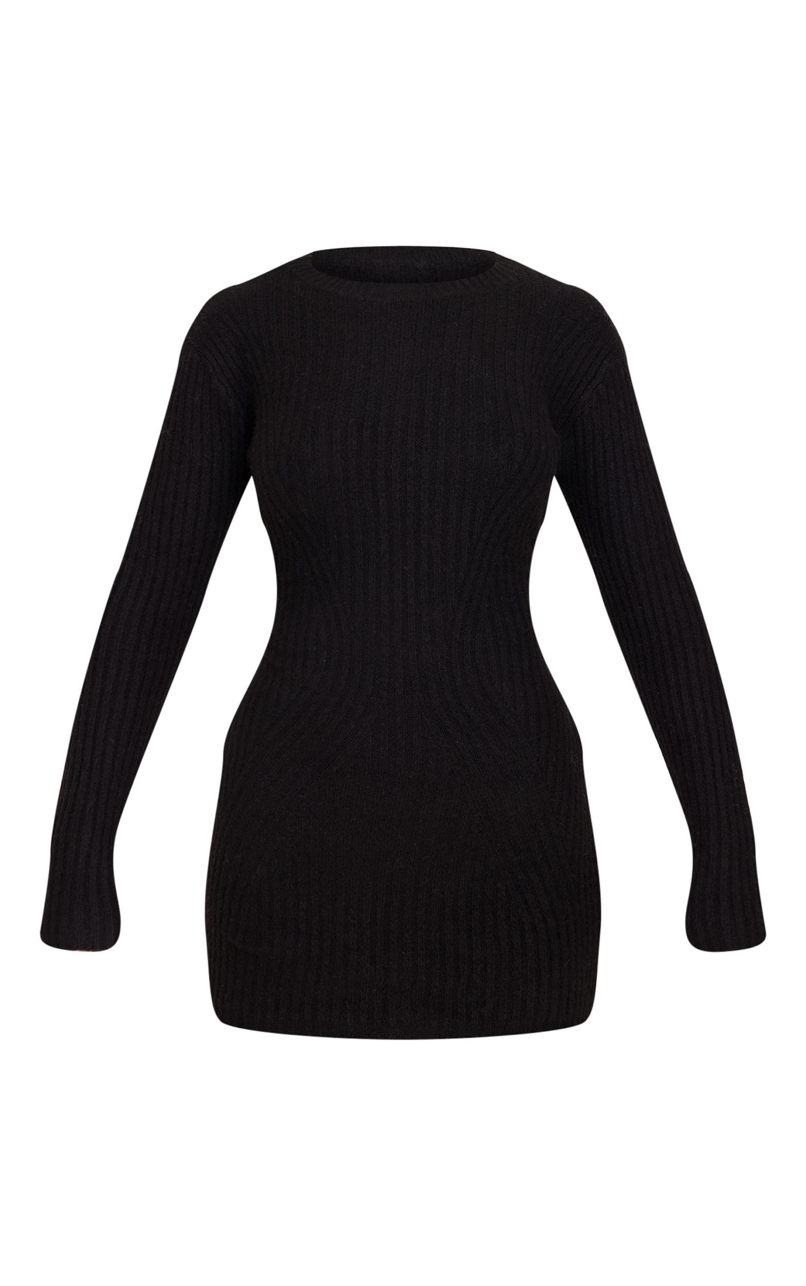 Black Soft Textured Rib Knit Mini Dress Product Image