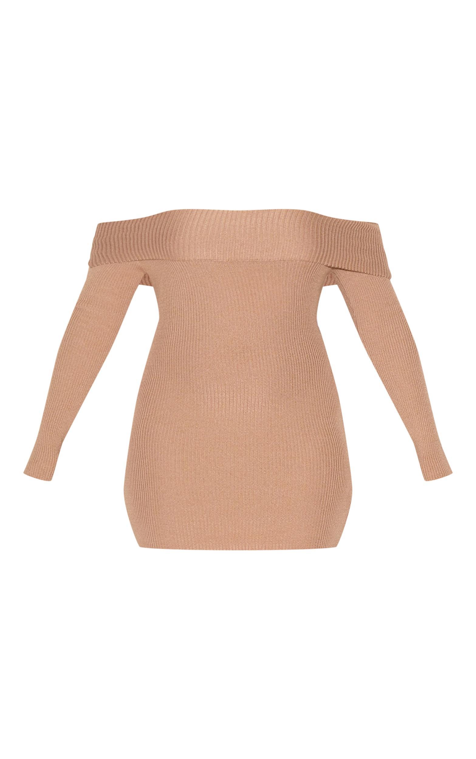 Shape Mocha Off Shoulder Fold Over Knitted Bodycon Dress Product Image