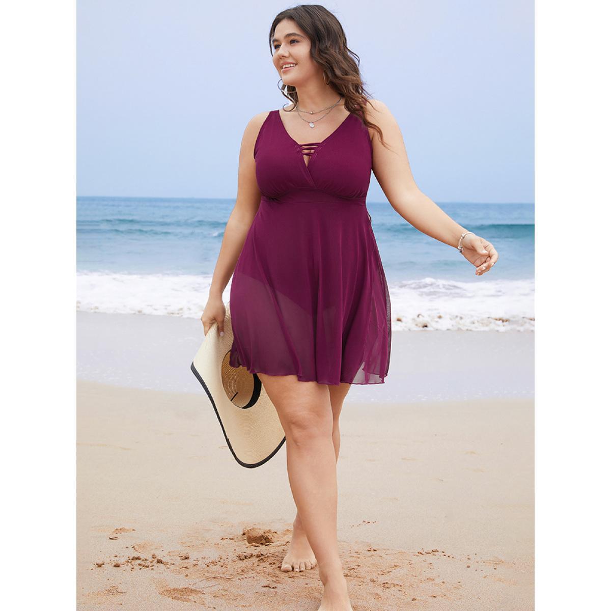 Plus Size Plain Crisscross Wrap Mesh Ruffle Split Swim Dress Women's Swimwear RedViolet Vacation Bodycon V-neck High stretch Curve Swim Dresses BloomChic 22-24/3X Product Image