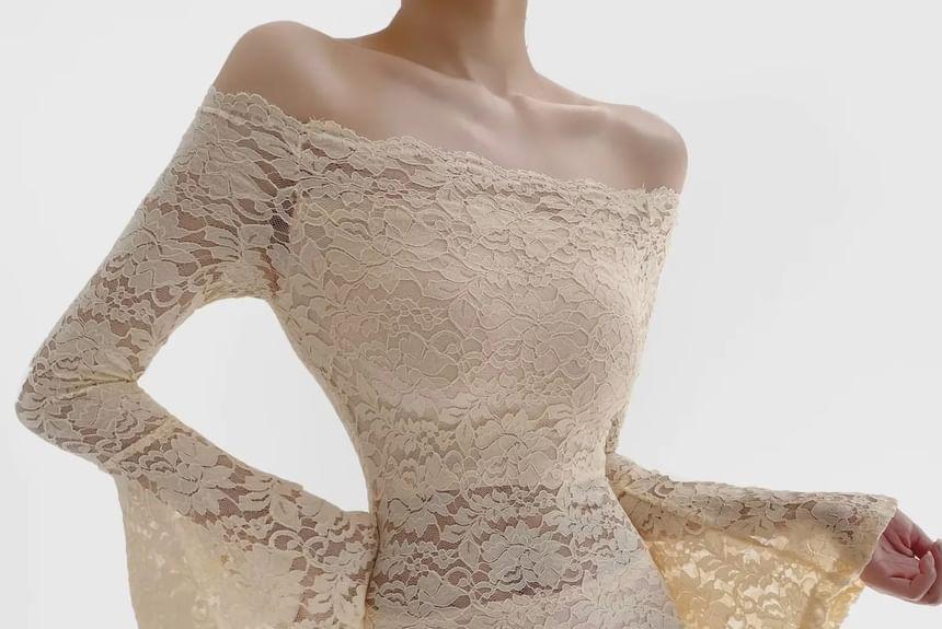 Flare-Sleeve Off Shoulder Lace Mini Bodycon Dress Product Image