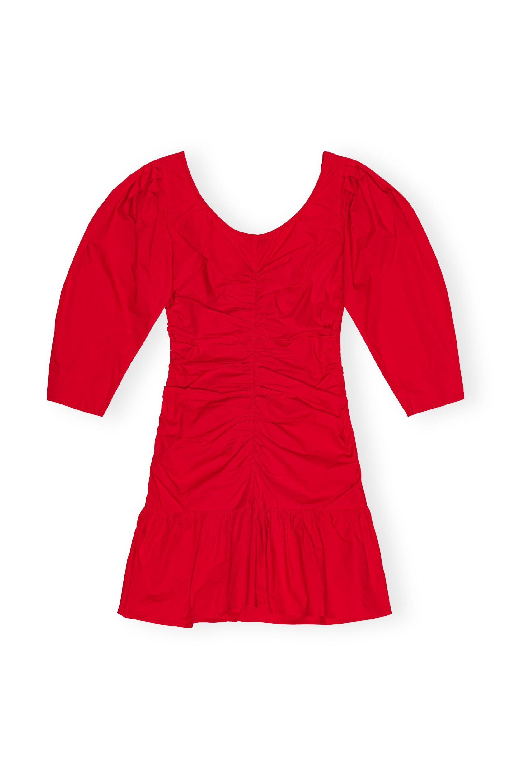 Red Cotton Poplin Gathered U-neck Mini Dress Product Image