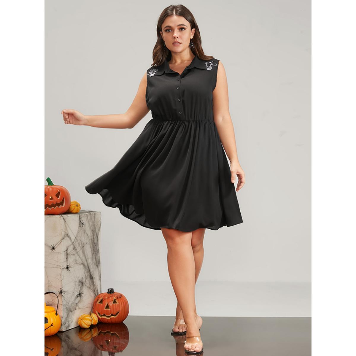 Plus Size Halloween Button Sleeveless Shirt Collar Knee Dress Black Women Elegant Embroidered Shirt collar Sleeveless Curvy Knee Dress BloomChic 12/L Product Image