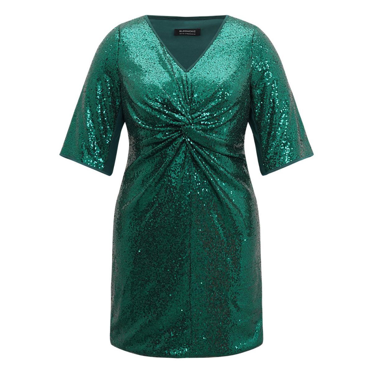 Plus Size Sequin Twist Front V Neck Dress DarkGreen Women Party Plain V-neck Short sleeve Curvy Knee Dress BloomChic 28/5X Product Image