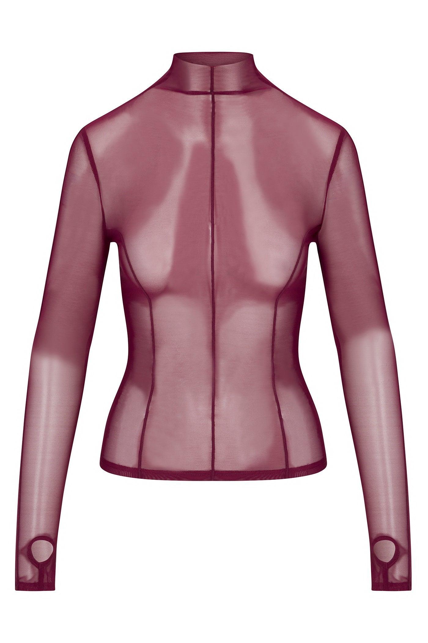 Power Mesh Mock Neck Long Sleeve Top - Wine Female Product Image