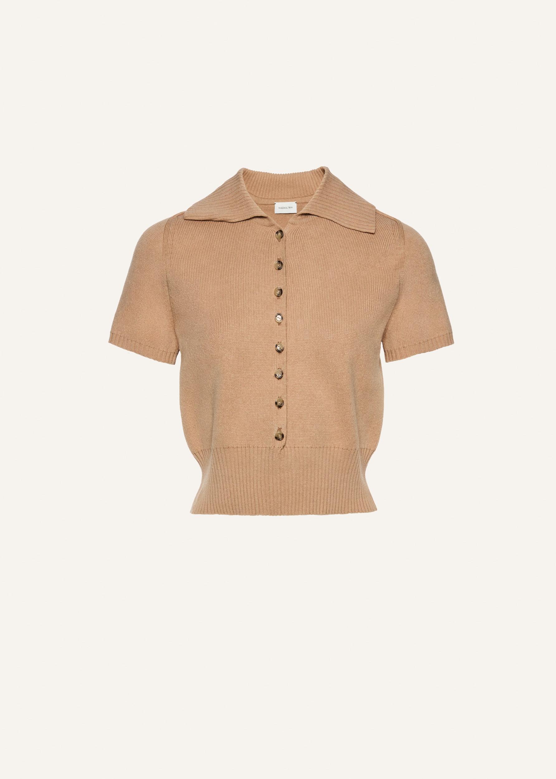 Short-sleeve buttoned cropped sweater in beige Product Image