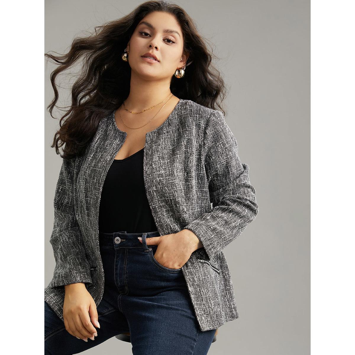 Plus Size Tweed Open Front Patchwork Zipper Blazer Black Women Dailywear Plain Texture Sleeve Long Sleeve Open Front 22-24/3X Pocket Elegant Blazers BloomChic Product Image